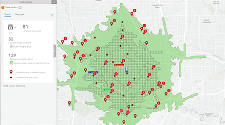 A light gray city map with a large patch shaded pale green scattered with red map points alongside a menu of analysis options