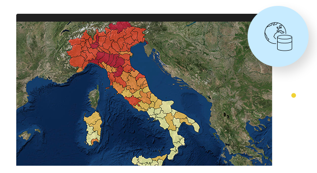 Map of Italy with regions marked in red, orange, and yellow, and surrounding blue ocean