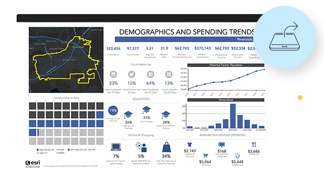 Report showing demographic and spending trends data with charts and statistics