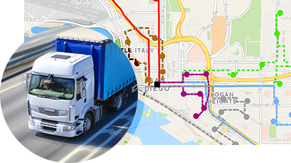 A large truck on a road next to an inset map of several routing directions on a city basemap with routes in red and green