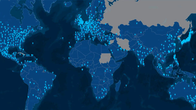 A map illuminating areas of Africa, Southeast Asia, and Europe to indicate important places in the supply chain