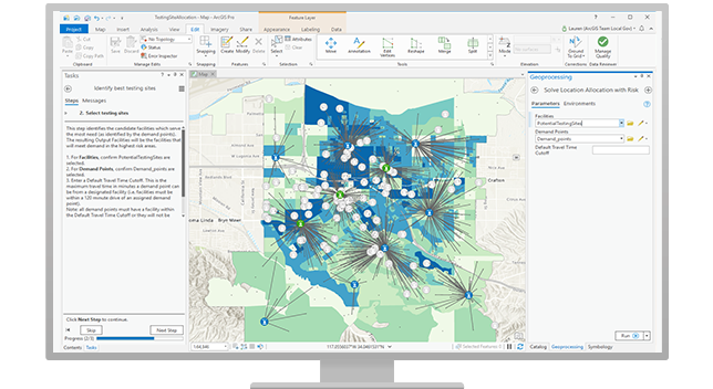 A COVID-19 testing site map being created in ArcGIS Pro