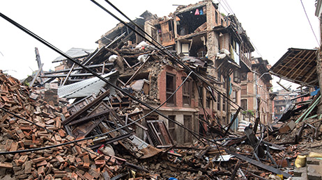 Building remains and debris following an earthquake