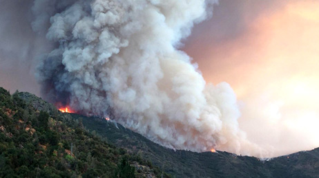 Wildfire moving close to a structure