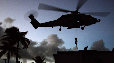 Helicopter hovering close to the ground