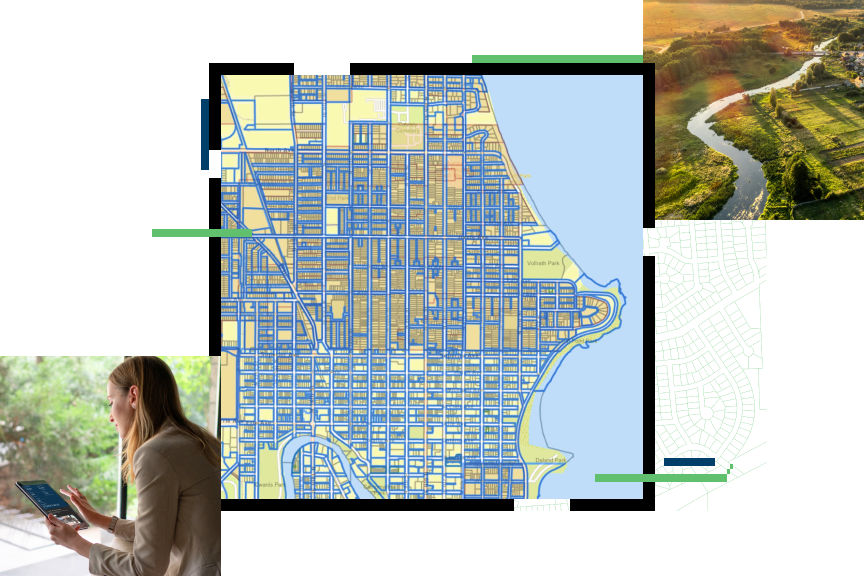 Woman looking at a tablet. Blue and green map of streets and parcels along water
