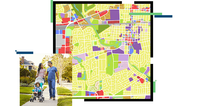 Yellow street map with purple, green, and red shading, two people walking and a child in a stroller
