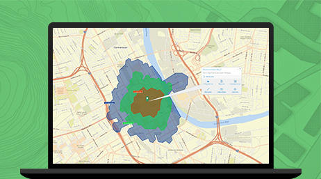 Map with small brown shaded area surrounded by green shaded area and then gray shaded area