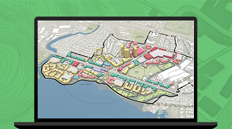 Map of buildings shaded in various colors 