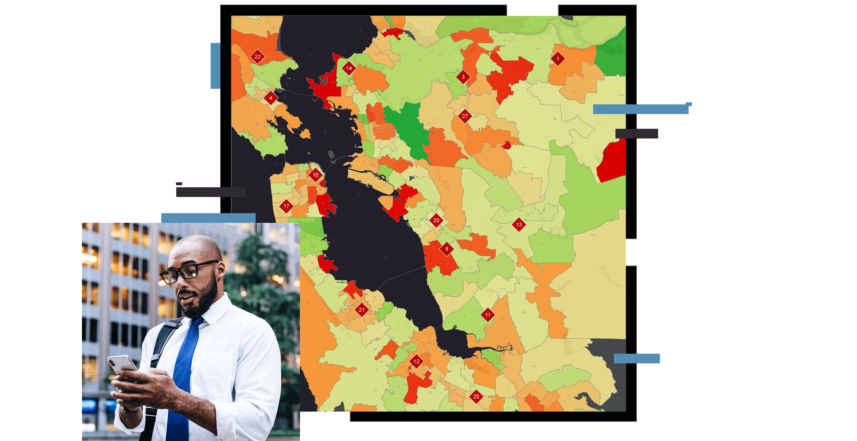 A heat map in red and green, overlaid with a photo of a professionally dressed person walking down a city street while typing on a cell phone