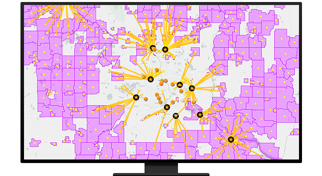 A graphic of a computer monitor displaying points on a map with connecting lines between them in yellow and purple