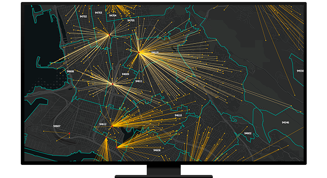 A graphic of a computer monitor displaying a connections map in gold and green on a gray background