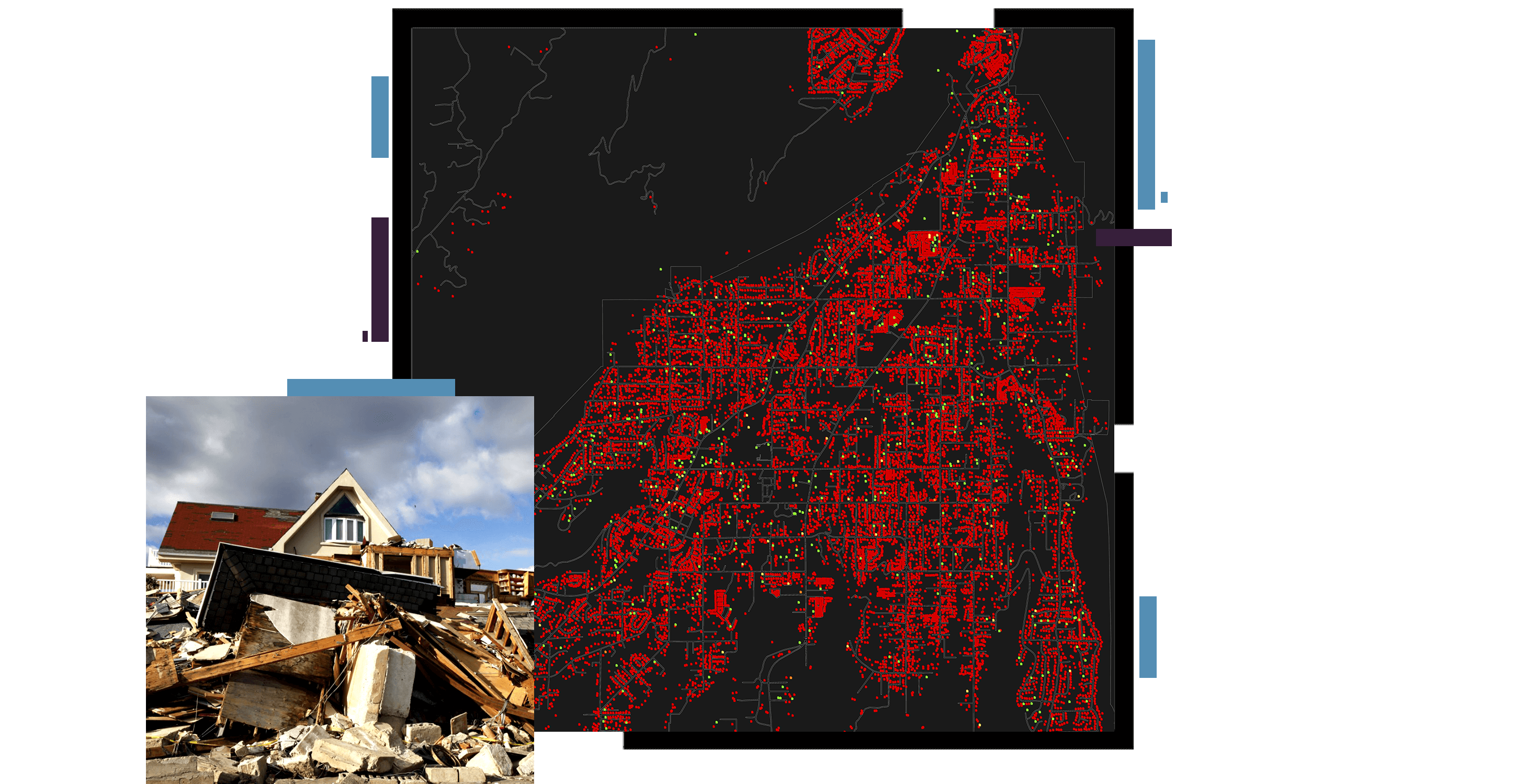 A density map in red and black overlaid with a photo of a house