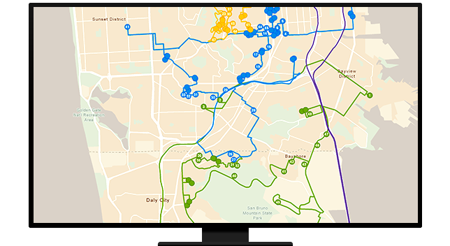 A graphic of a computer monitor displaying a street route map in blue and green on a beige background