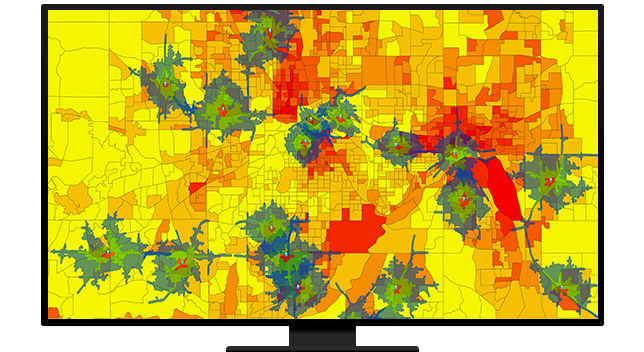 A map with areas shown in blue and red on a yellow background