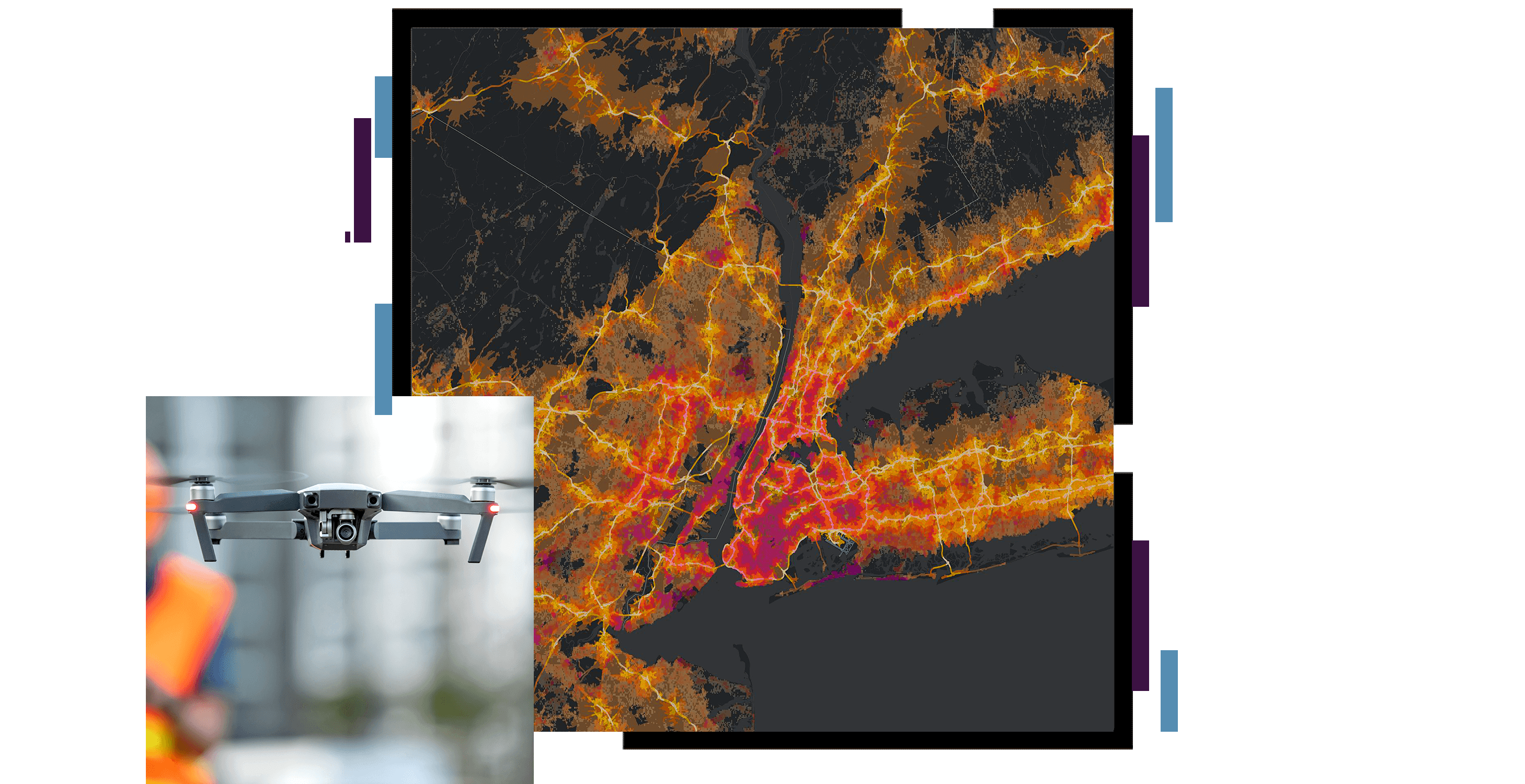 A heat map in yellow and pink on a black background overlaid with a closeup photo of a drone in flight
