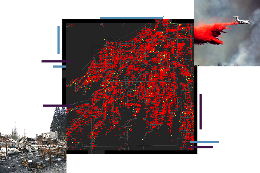 A density map in black and red, overlaid with a photo of an airtanker dropping fire retardant on a wildfire and a photo of the wreckage of a fire-damaged home