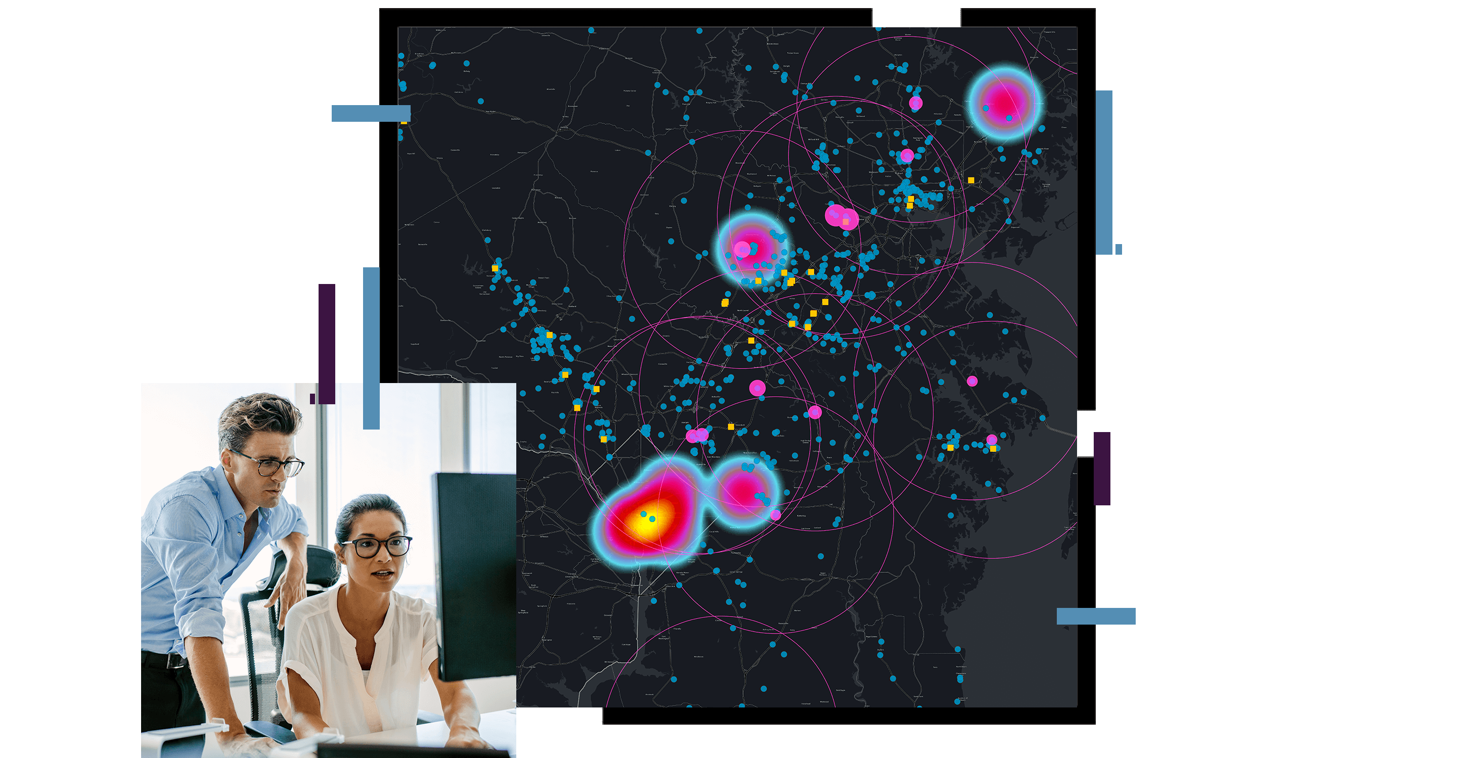 A heat map in pink and blue on a black background overlaid with a photo of two people discussing a monitor display in an office