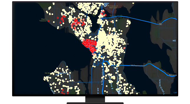 A graphic of a computer monitor displaying a density map in red and white on a black background