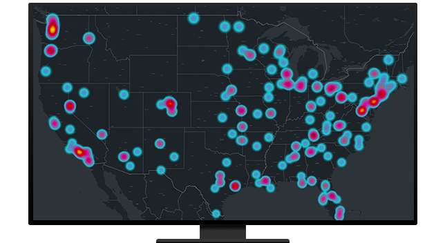 A graphic of a computer monitor displaying a heat map in pink and blue on a black background