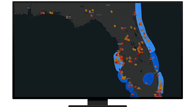 A concentration map of Florida in yellow and red on a gray background