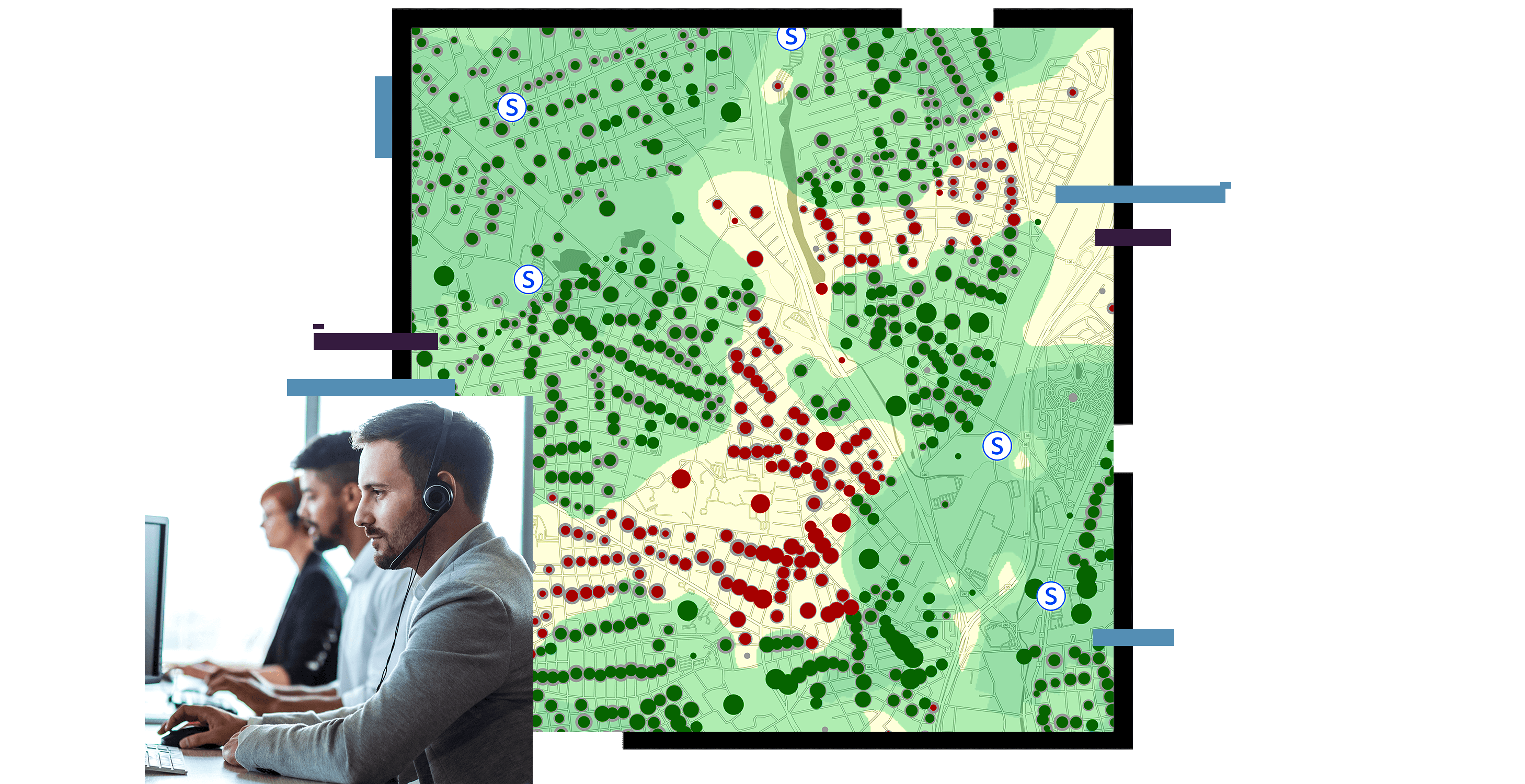 A concentration map in green and red overlaid with a photo of three people sitting in a row using headsets and computers