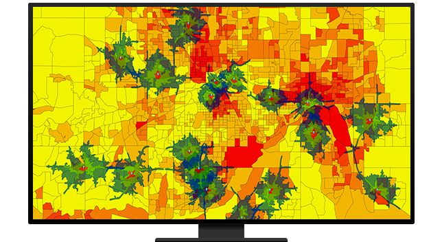 A graphic of a computer monitor displaying a hazard zone map in red, green, and blue on a yellow background