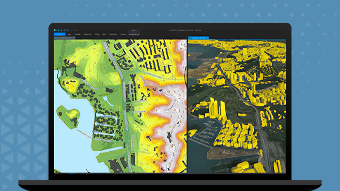 A graphic of a laptop monitor displaying a 3D city slider map in green and yellow on the left, yellow and black on the right