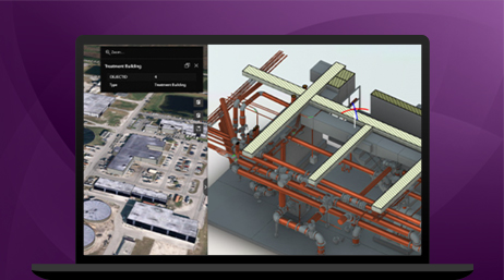 Graphic of a laptop monitor displaying two 3D models of construction projects