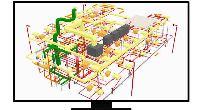 Graphic of a computer monitor displaying a complex geometric model of interconnected pipes and wires in red, yellow, and green