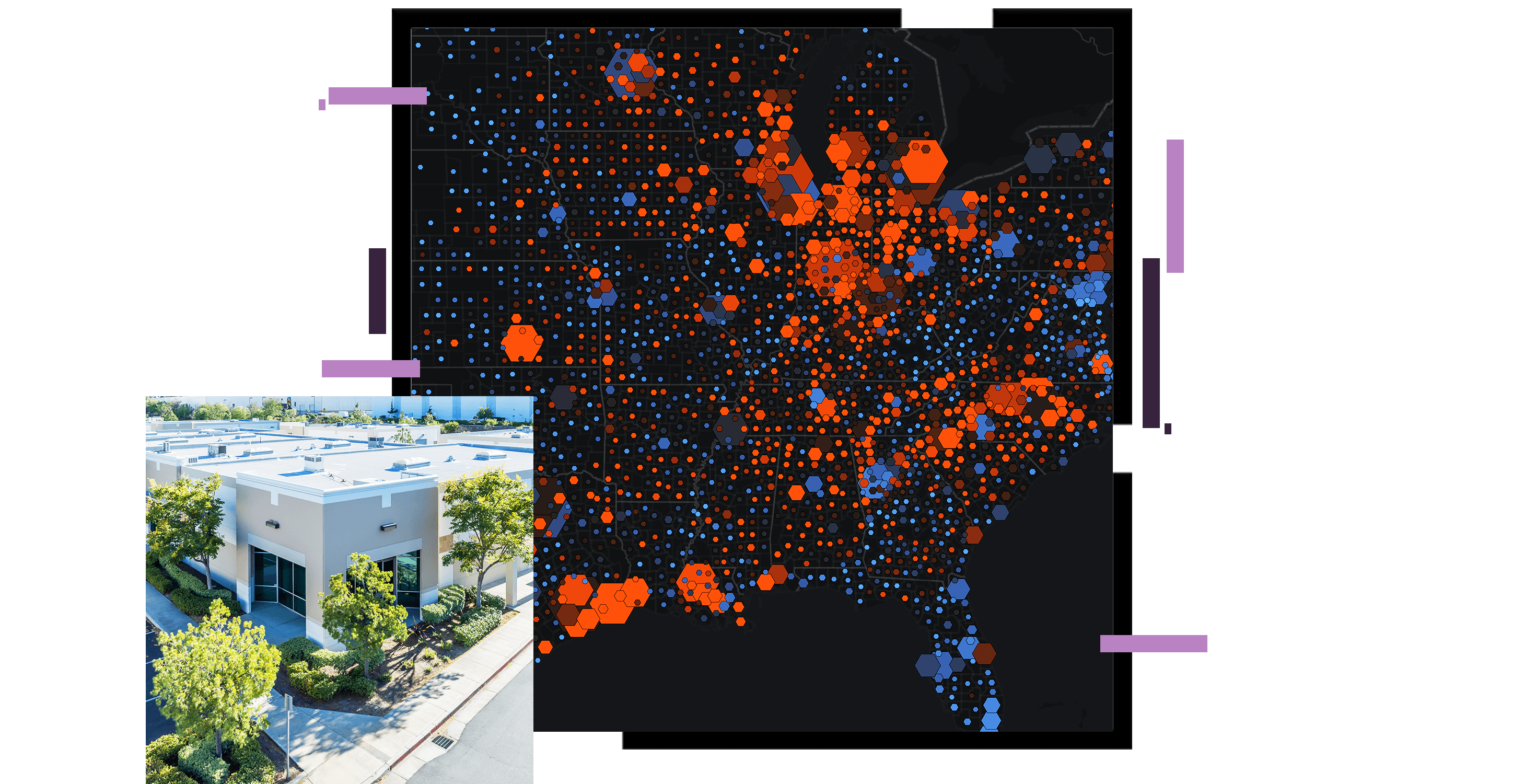 A black concentration map of the US with clusters shown in blue and orange, and a small photo of a sunny tree-dotted shopping center