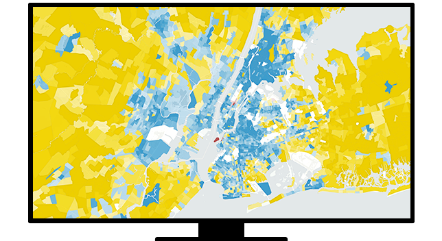 Graphic of a computer monitor displaying an area map in bright yellow and blue on a gray background