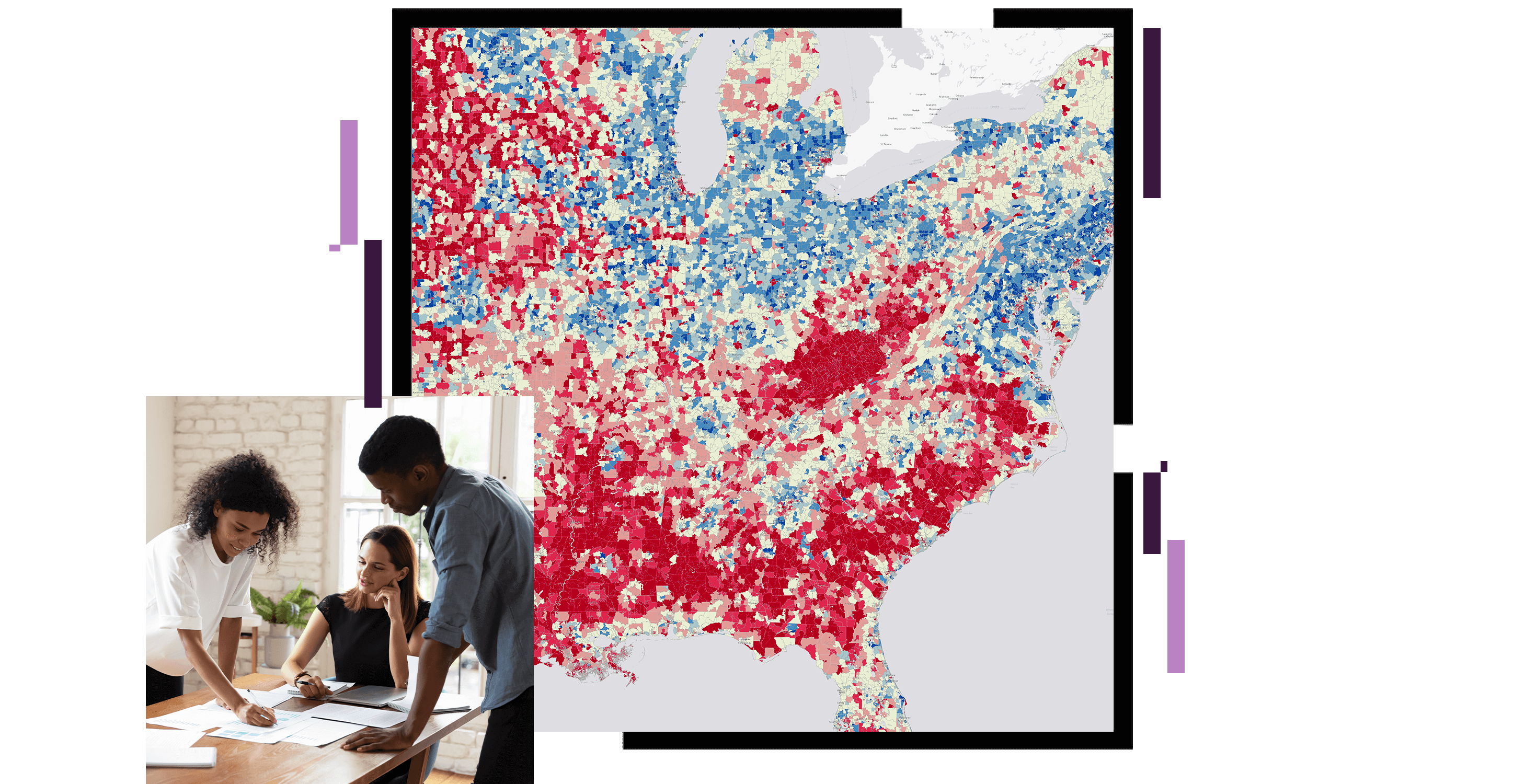 U.S. map scattered with clustered red and blue points, and a photo of three professionally-dressed grouped around a paper-strewn table in a sunlit modern office