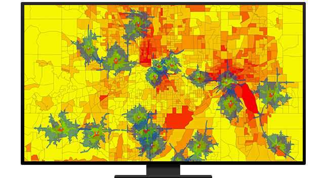 Graphic of a computer monitor displaying a yellow and red heat map with scattered patches of blue and green