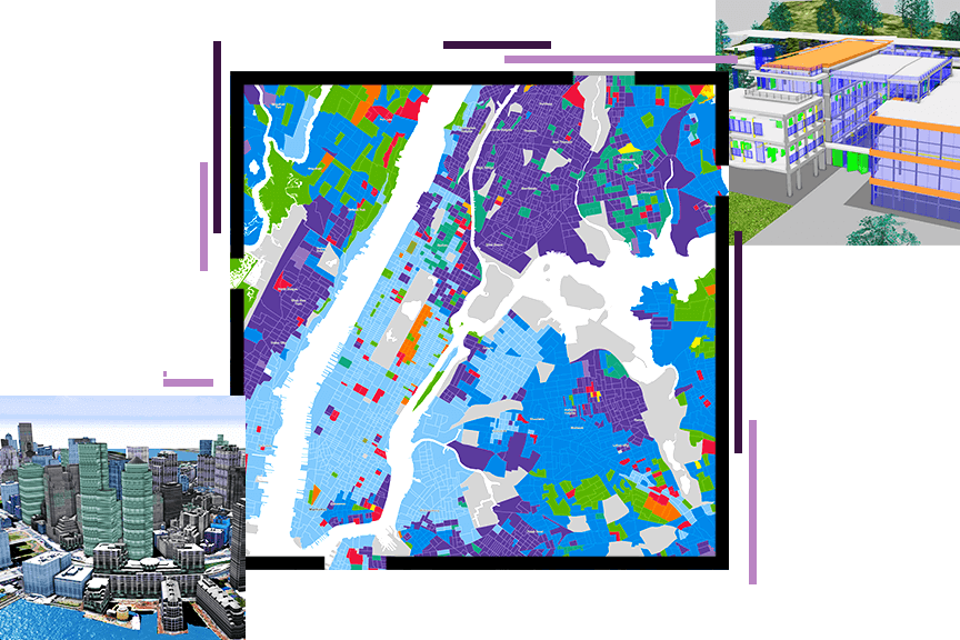 A colorful real estate map, a 3D graphic of a shopping center, and a 3D rendering of a seaside city