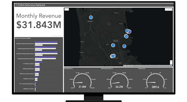 Graphic of a computer monitor displaying a map dashboard in gray and white