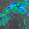 A weather map with patterns in swirling blue and green on a grayscale background