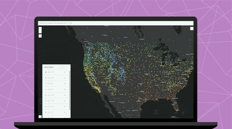 A graphic of a laptop monitor displaying a scatter point map of North America in multicolor on a black background