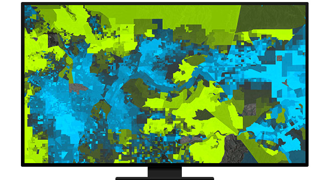A graphic of a computer monitor displaying an area map in bright green and blue on a gray background