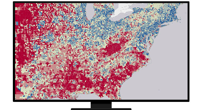 A graphic of a computer monitor displaying a density map in red and blue on a white background