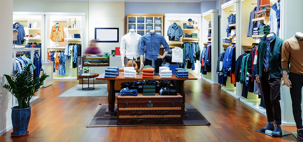 A photo of the interior of a brightly lit store filled with racks of clothing in blue, white, and orange