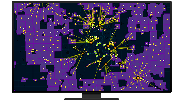 A graphic of a computer monitor displaying a city map in purple with yellow points on a gray background 