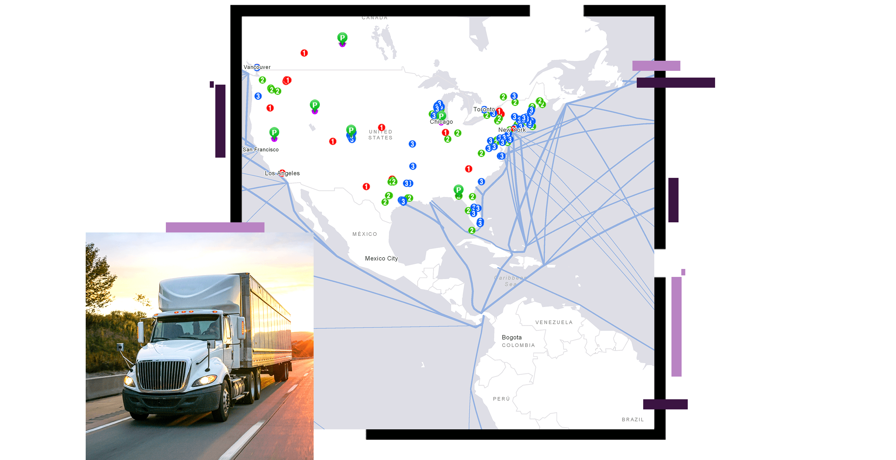 A white and blue route map with green and blue icons, overlaid with a photo of a big rig driving on a freeway