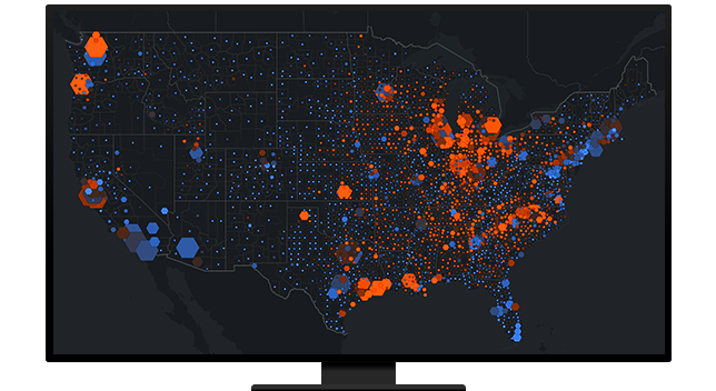 A graphic of a computer monitor displaying a density map of North America in red and blue on a black background