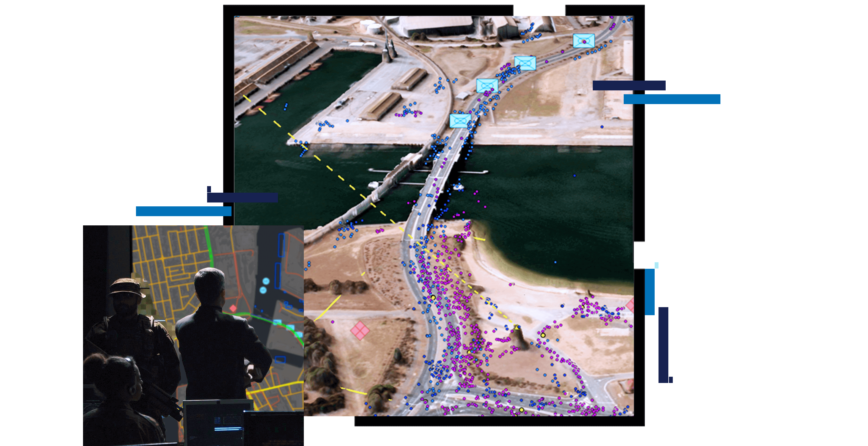 Aerial photo of a military base beside a river, with a small photo of three backlit figures in a dark room observing a map displayed on a large wall screen