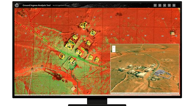 A graphic of a computer monitor displaying a contour map in red and green with structures outlined in yellow