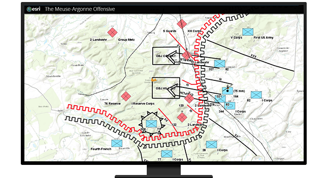 A graphic of a computer monitor displaying a contour map with routes and structures marked and labeled in red, blue, and black