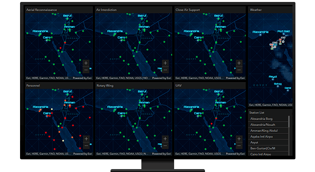 A graphic of a computer monitor displaying the same map six times with features marked and labeled in green and red, showing changes over time