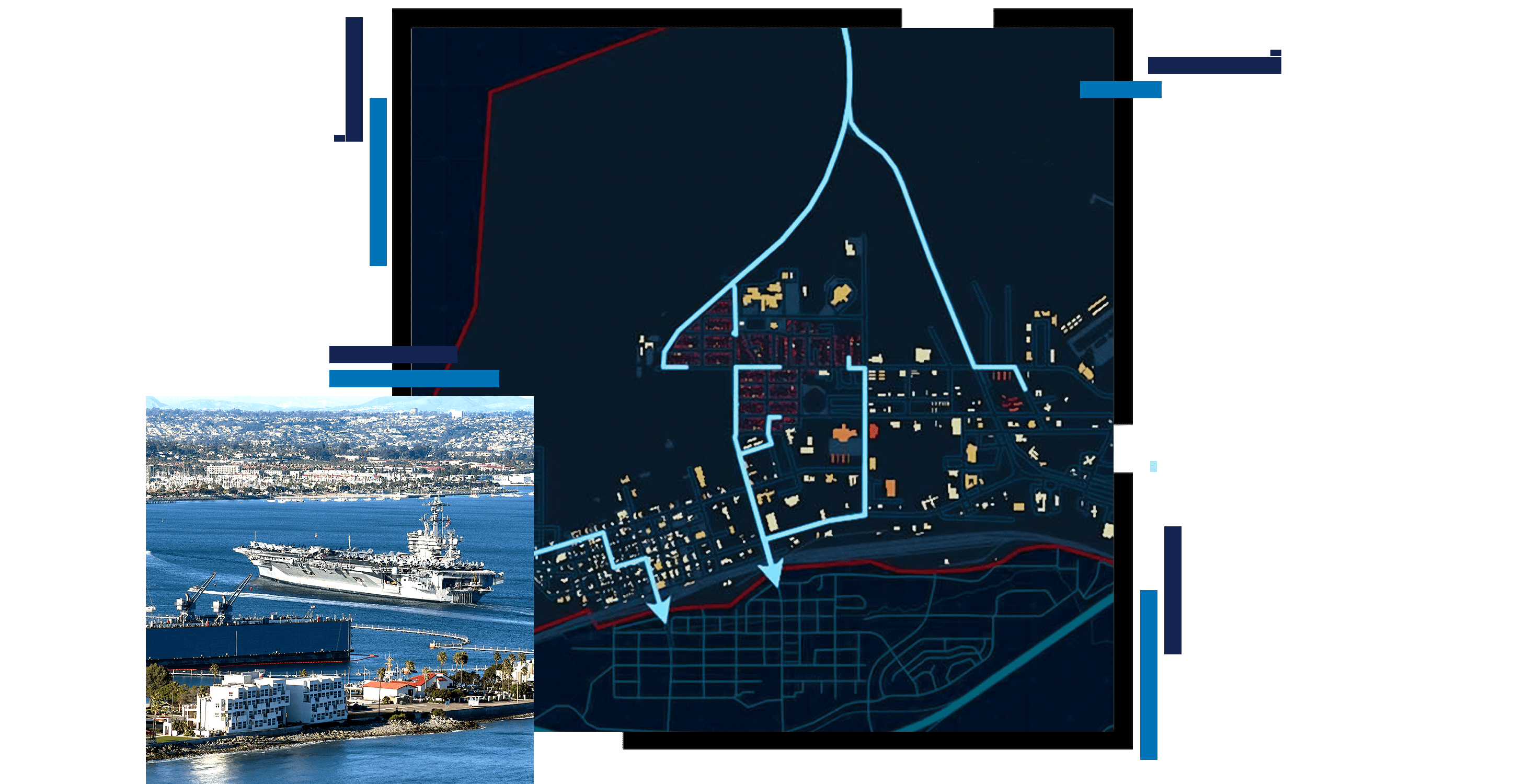 A map of a coastal city in dark blue with routes in light blue, overlaid with a photo of a large ship in a city harbor