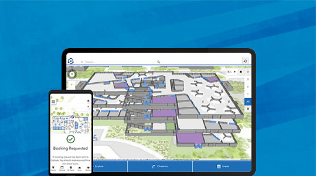 A graphic of a tablet displaying a 3D model of the interior of an office building, alongside a mobile phone displaying coordinating data